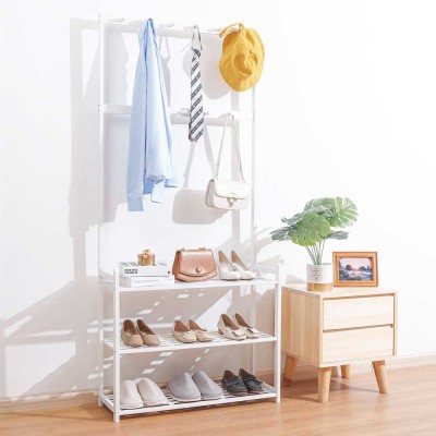 bamboo Clothing Garment Rack with 11 Hooks and 3 Tier Shelves for Bedroom Entryway, 80 x 28 x 178 cm, white