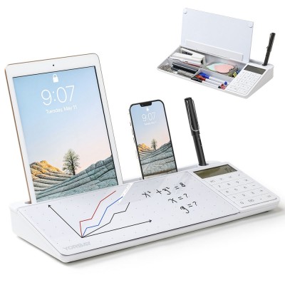 Glas Whiteboard mit abnehmbaren Taschenrechner, Tablettenständer Tisch-Organizer für Büro, white