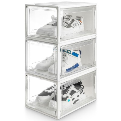 Super Transparent Shoe Box, pack of 3 Stackable Shoe Storage Organiser Boxes, black & white