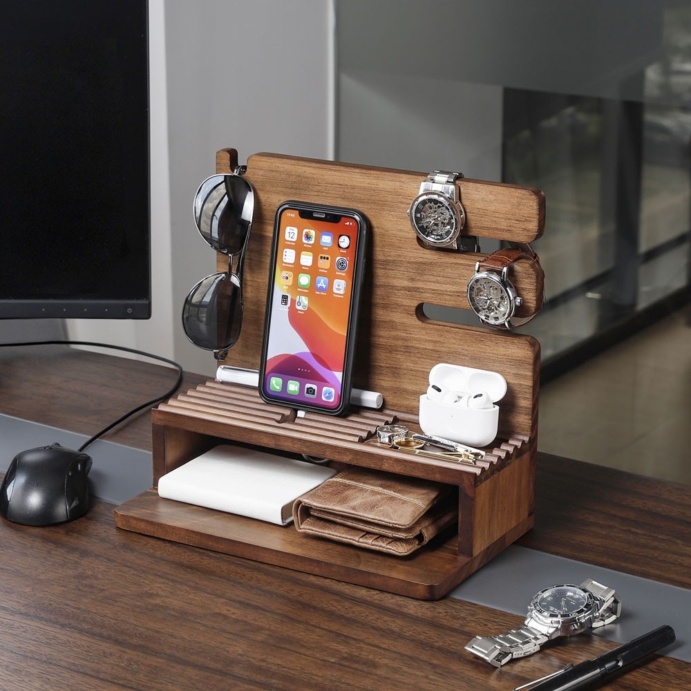 Yorbay Organizer Telefon Docking Station aus Holz, Geschenk für Männer  Ehemann Freund, Schreibtisch Tisch Organizer für Uhren Handy Tablet Brille  Geldbörse