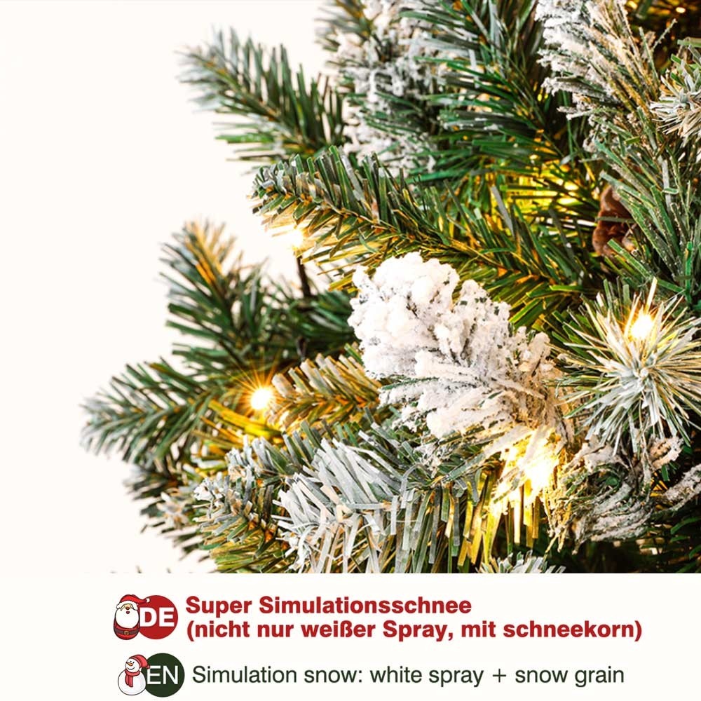 150CM Yorbay künstlicher Weihnachtsbaum mit Beleuchtung und weißem Schnee LED Tannenbaum für Weihnachten-Dekoration mit echten Tannenzapfen Feuerbeständig 