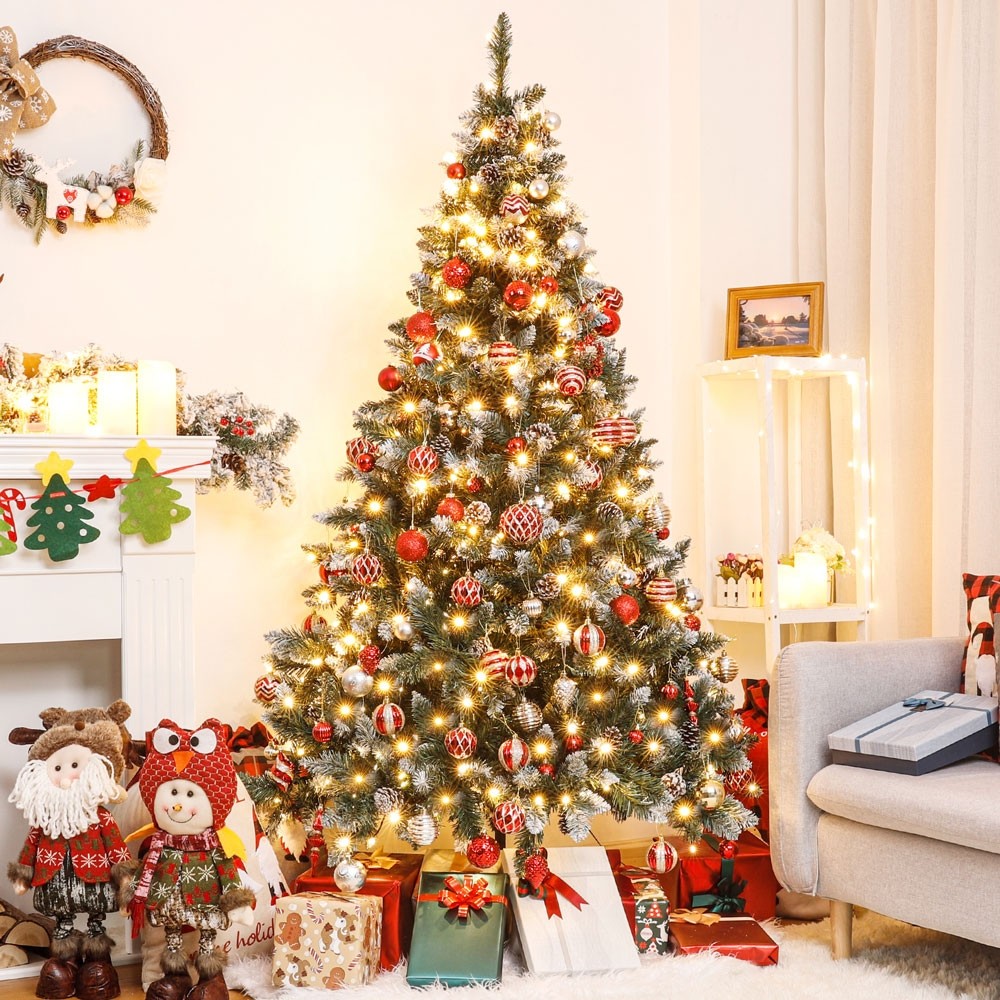 180cm echten und 210cm Weihnachtsbaum mit künstlicher Kiefernzapfen, Beleuchtung, mit Tannenbaum Feuerbeständig, Schnee weißen 150cm LED Yorbay