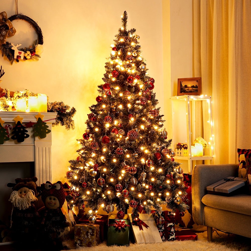 Yorbay künstlicher Weihnachtsbaum mit Beleuchtung, LED Tannenbaum mit  weißen Schnee und echten Kiefernzapfen, Feuerbeständig, 150cm 180cm 210cm
