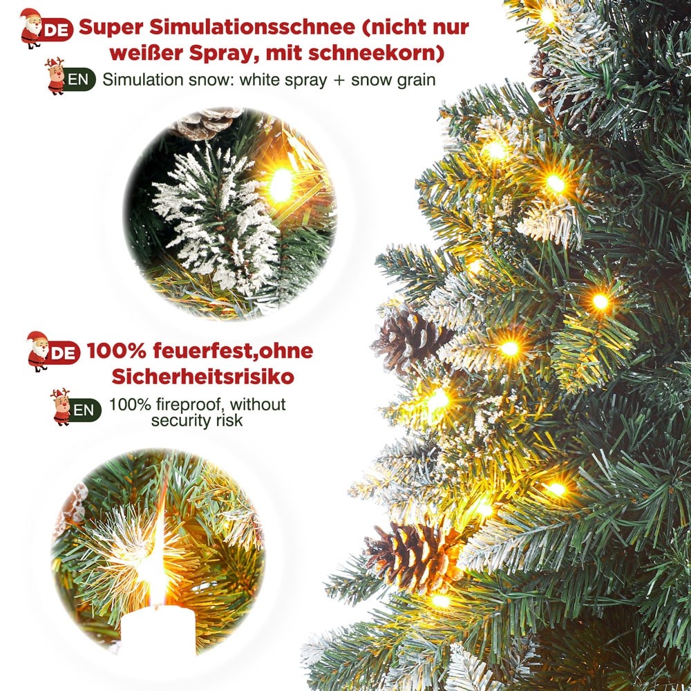 LED mit echten Tannenbaum Weihnachtsbaum 150cm weißen Beleuchtung, künstlicher Schnee 210cm 180cm Feuerbeständig, Kiefernzapfen, mit Yorbay und