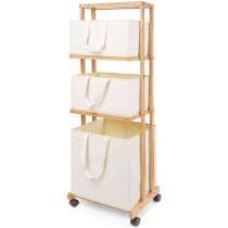 Wäschewagen auf Rollen, Badregal aus Bambus mit 4 Fächern und 3 abnehmbarem Wäschekörben, schwarz / weiß