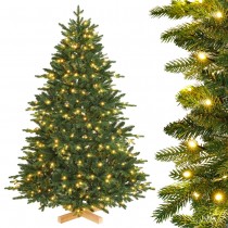 künstlicher Weihnachtsbaum mit Beleuchtung LED und Holzständer, Tannenbaum beleuchtet für Weihnachten-Dekoration