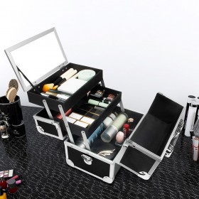 Seelux Kosmetikkoffer mit Spiegel und Tragegurt, Friseurkoffer schwarz abschließbar für Nageldesign 