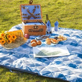 Picknickdecke 145 x 200cm für 3-5 Personen, maschinenwaschbare Picknickmatte mit Tragegriff, blau-weiß