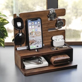 Schreibtisch Organizer aus Holz mit Handyhalterung, Telefon Docking Station, Geschenk für Männer Ehemann Freund