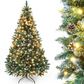 künstlicher Weihnachtsbaum mit Beleuchtung, LED Tannenbaum mit weißen Schnee und echten Kiefernzapfen, Feuerbeständig, 150cm 180cm 210cm