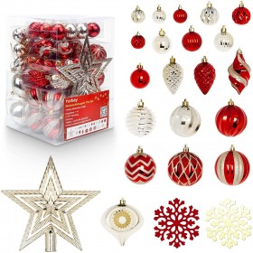 77er Weihnachtskugeln Set aus Kunststoff in Rot und Hellgold, Weihnachtsbaumschmuck Set mit Baumspitze und Aufhänger
