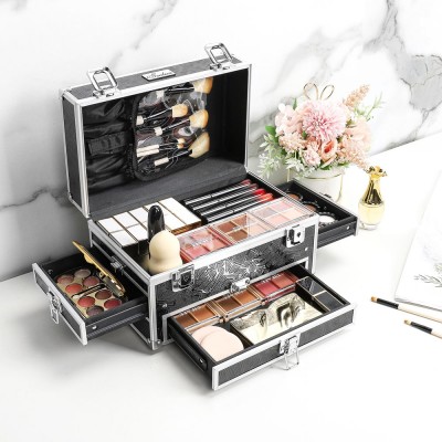 Kosmetikkoffer aus ALU, Beautycase abschließbar in schwarz für Make-up Kosmetik Nagellack, 25,5 x 16 x 16,7cm