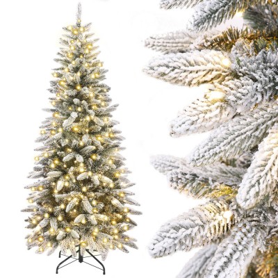 künstlicher Weihnachtsbaum schmal mit Beleuchtung und Schnee, beleuchteter Bleistiftbaum, 180cm / 210cm
