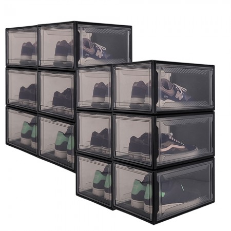 12er Set Schuhbox, schwarz L, Drop-Front-Boxen aus Kunststoff für Sneaker Aufbewahrung, stapelbarer Aufbewahrungsboxen, 37x26x20cm