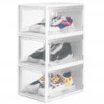 3er Set Schuhbox mit Frontklappe, stapelbarer Schuhorganizer aus Kunststoff, transparente Aufbewahrungsboxen